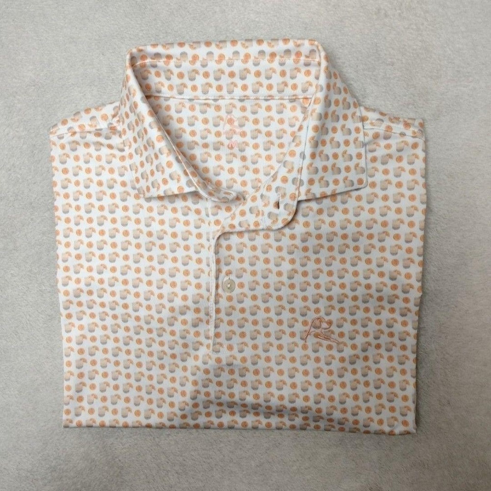 Rhoback Polo Mens M White Orange Drink Graphic Golf Collared Performance Tech